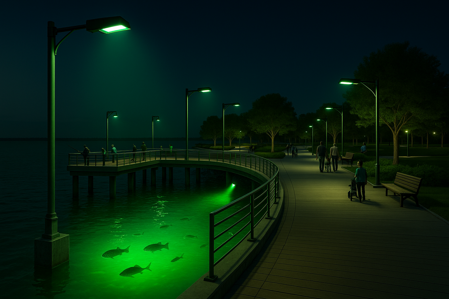 Above-Water Green Lighting Solutions for Municipal Docks, Fishing Piers & Industrial Waterfronts