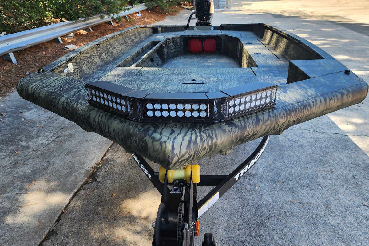 DuraNav Duck Boat Light Bar installed on Tracker Grizzly duck boat with adjustable LED sections following the bow