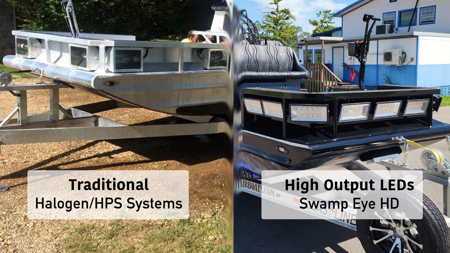 Comparison of traditional halogen and HPS bowfishing lights versus modern Swamp Eye HD high-output LED bowfishing lights