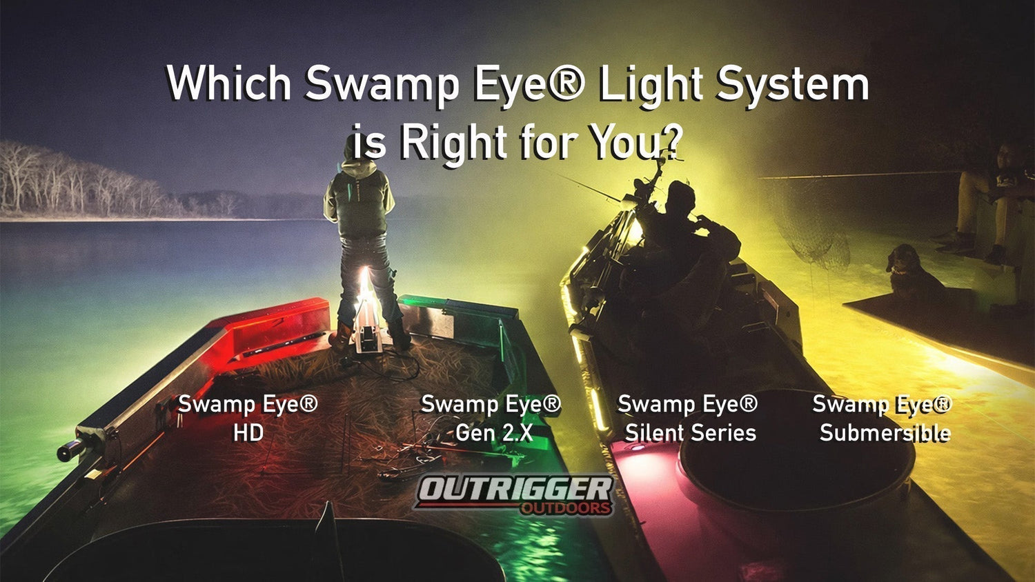 Comparison of Swamp Eye HD, Swamp Eye Gen 2.X Light Bar, Swamp Eye Silent Series, and Swamp Eye Submersible bowfishing, flounder gigging, and bully netting light systems on boats at night