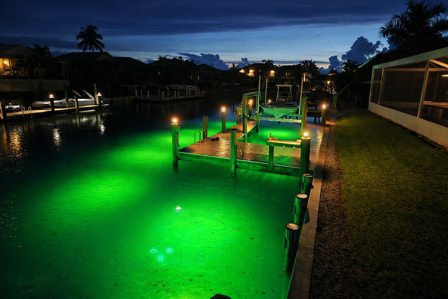 Underwater Green Fishing Lights on a dock