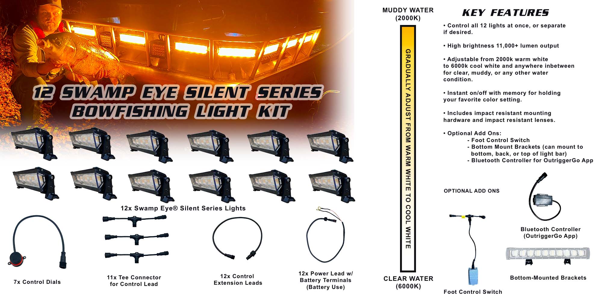 12x Swamp Eye Silent Series Bowfishing Lights Designed to Run on Battery 12/24V DC or Alternator