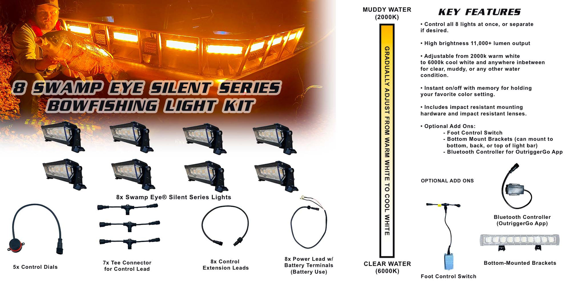 8x Swamp Eye Silent Series Bowfishing Lights Designed to Run on Battery 12/24V DC or Alternator