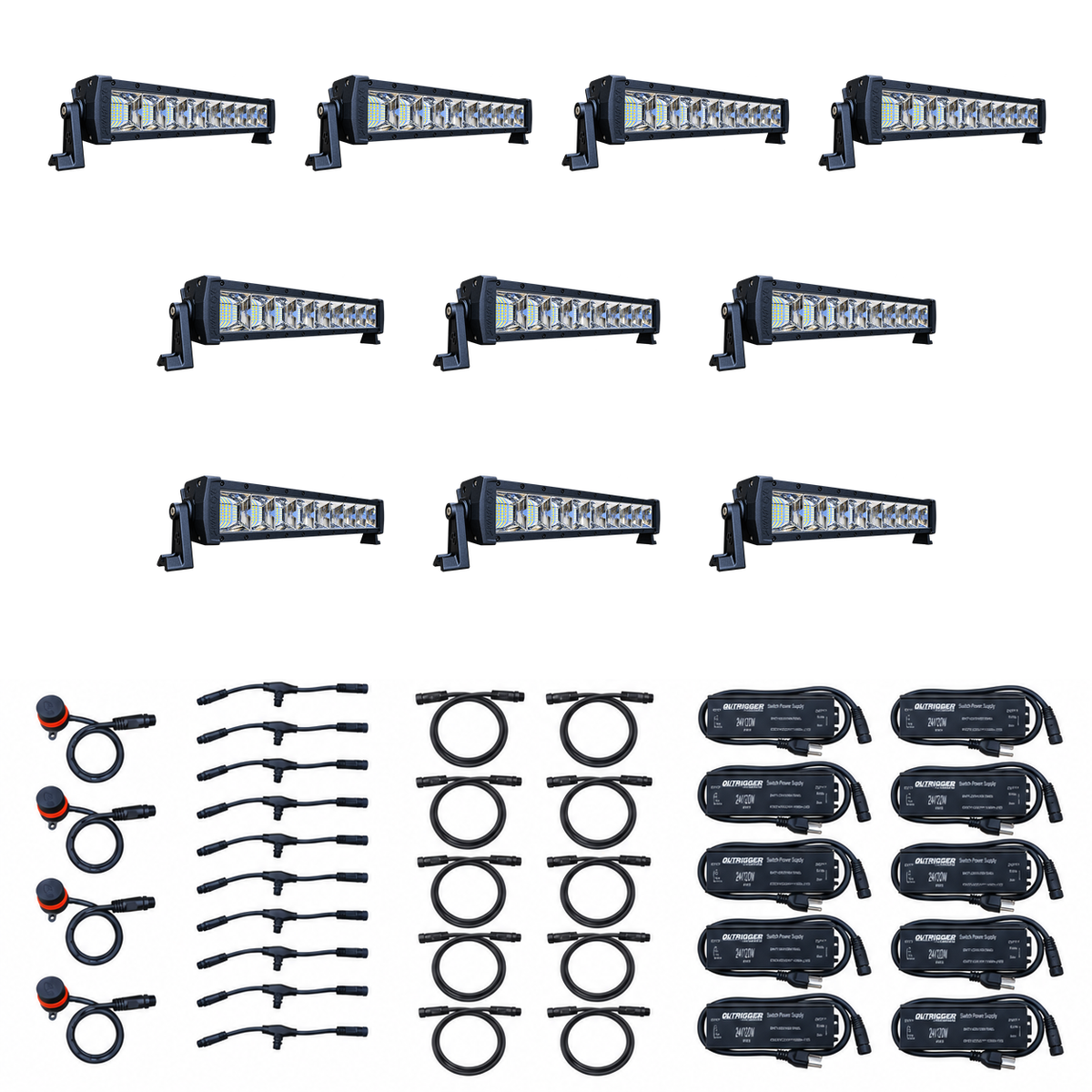 Swamp Eye Gen 2.X 10-Light LED Bowfishing Generator Kit with light bars, control dials, wiring harnesses, and power converters