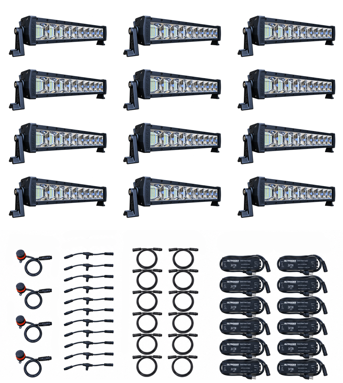 Swamp Eye Gen 2.X 12-Light LED Bowfishing Generator Kit with light bars, control dials, wiring harnesses, and power converters