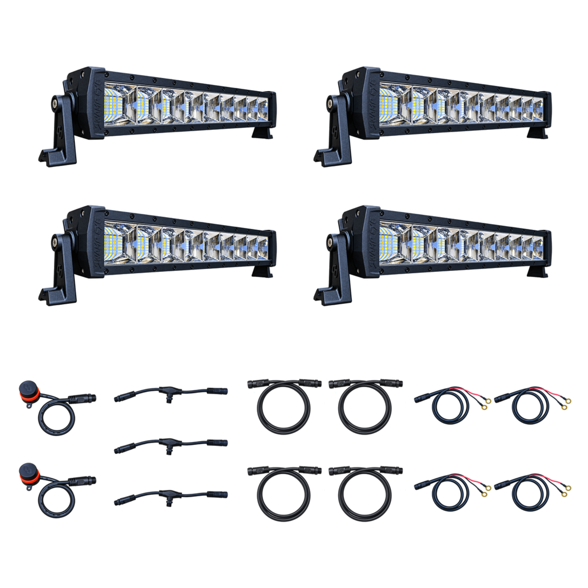 Swamp Eye Gen 2.X 4-Light LED Bowfishing Battery Kit with light bars, control dials, wiring harnesses, and battery leads