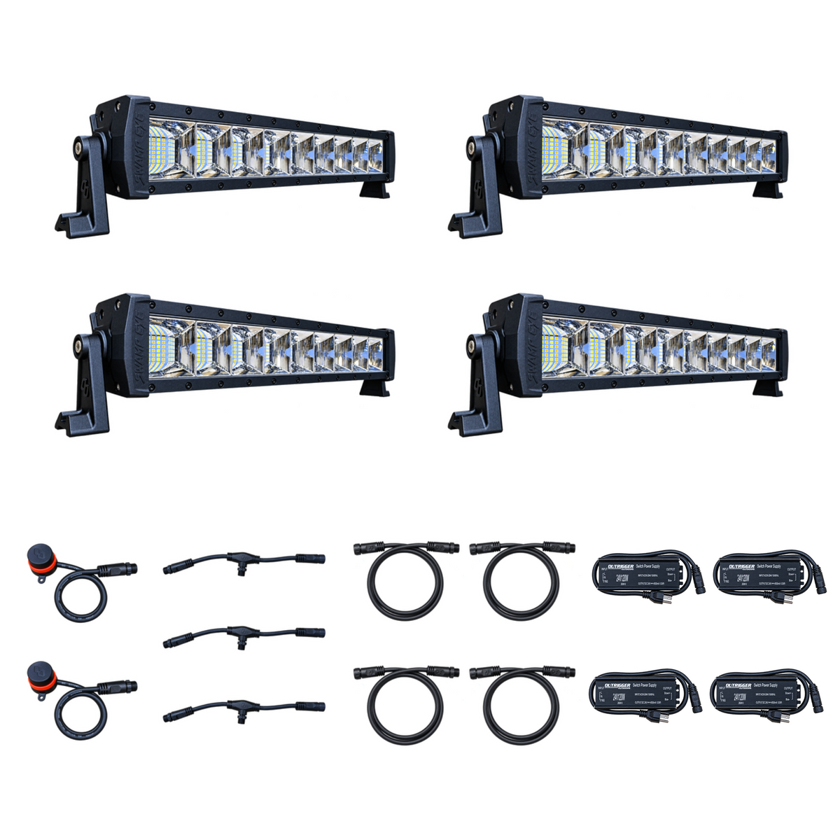 Swamp Eye Gen 2.X 4-Light LED Bowfishing Generator Kit with light bars, control dials, wiring harnesses, and power converters