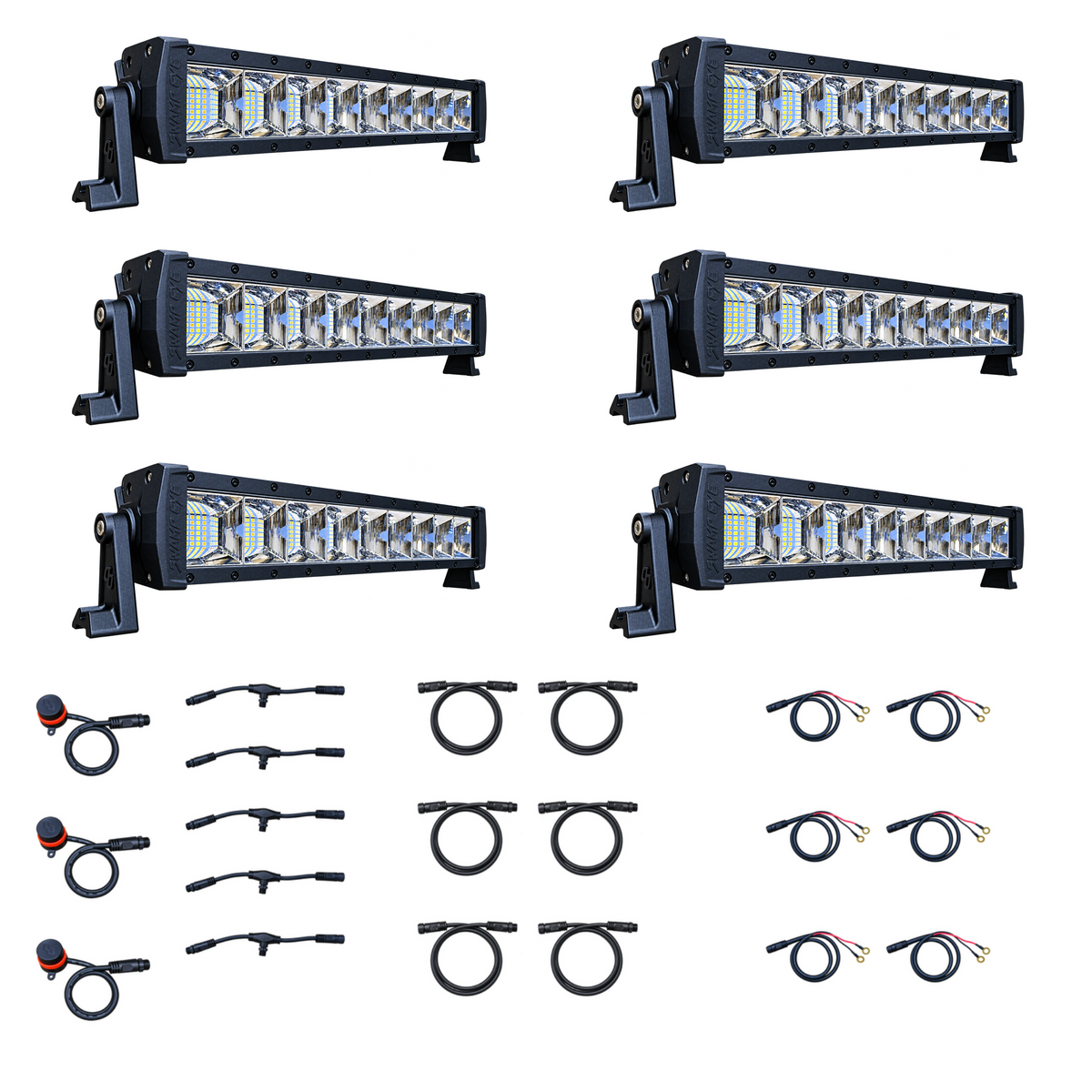 Swamp Eye Gen 2.X 6-Light LED Bowfishing Battery Kit with light bars, control dials, wiring harnesses, and battery leads