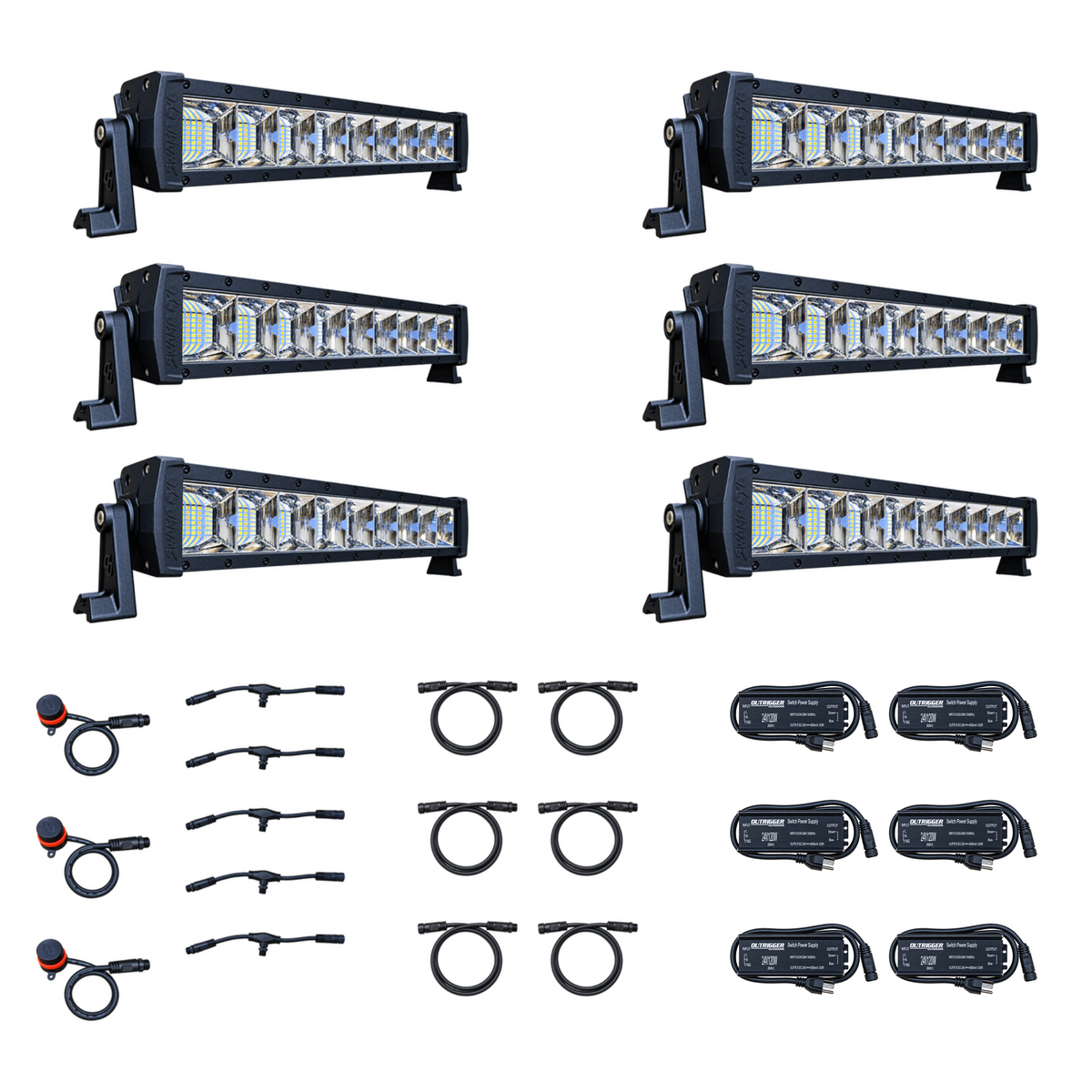 Swamp Eye Gen 2.X 6-Light LED Bowfishing Generator Kit with light bars, control dials, wiring harnesses, and power converters