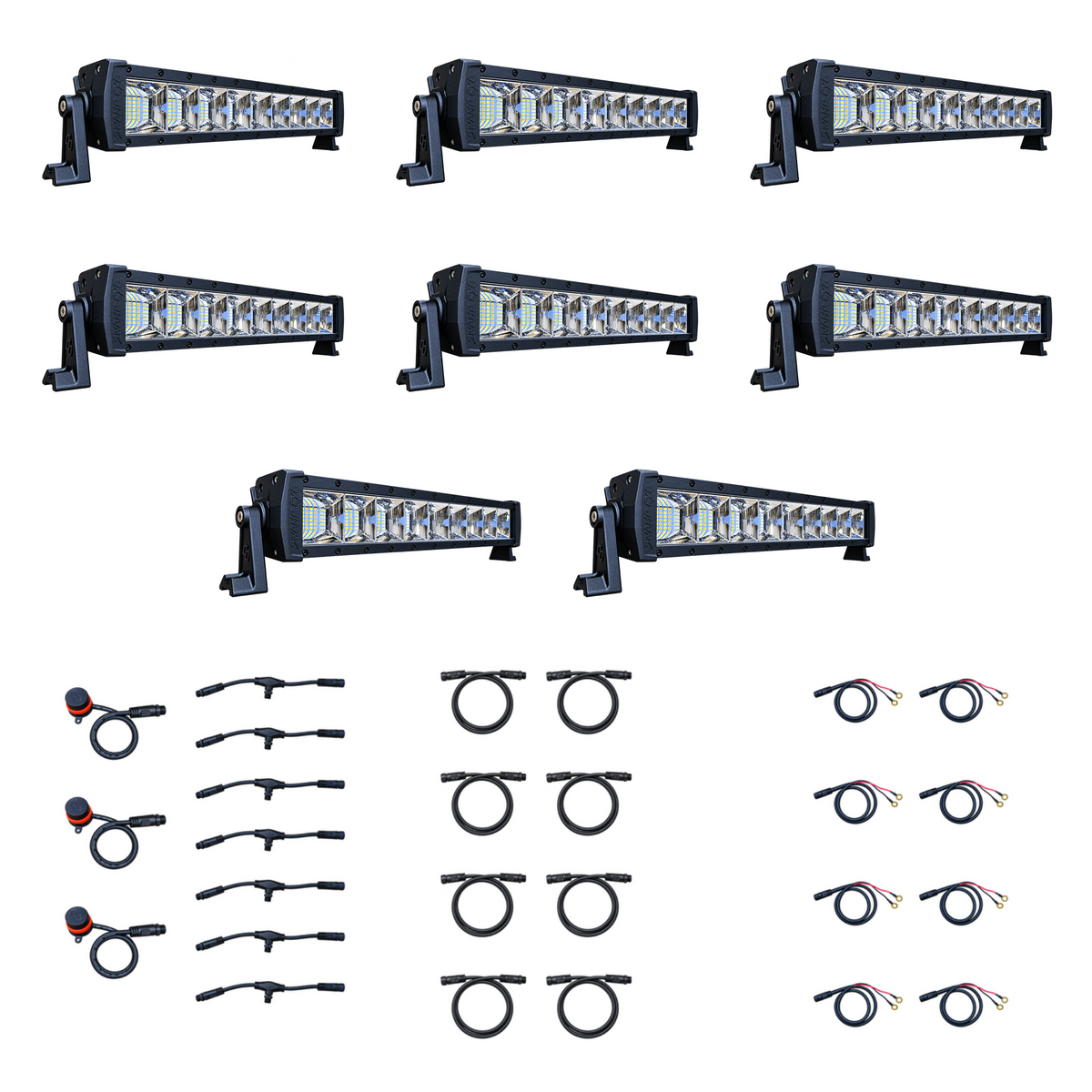 Swamp Eye Gen 2.X 8-Light LED Bowfishing Battery Kit with light bars, control dials, wiring harnesses, and battery leads