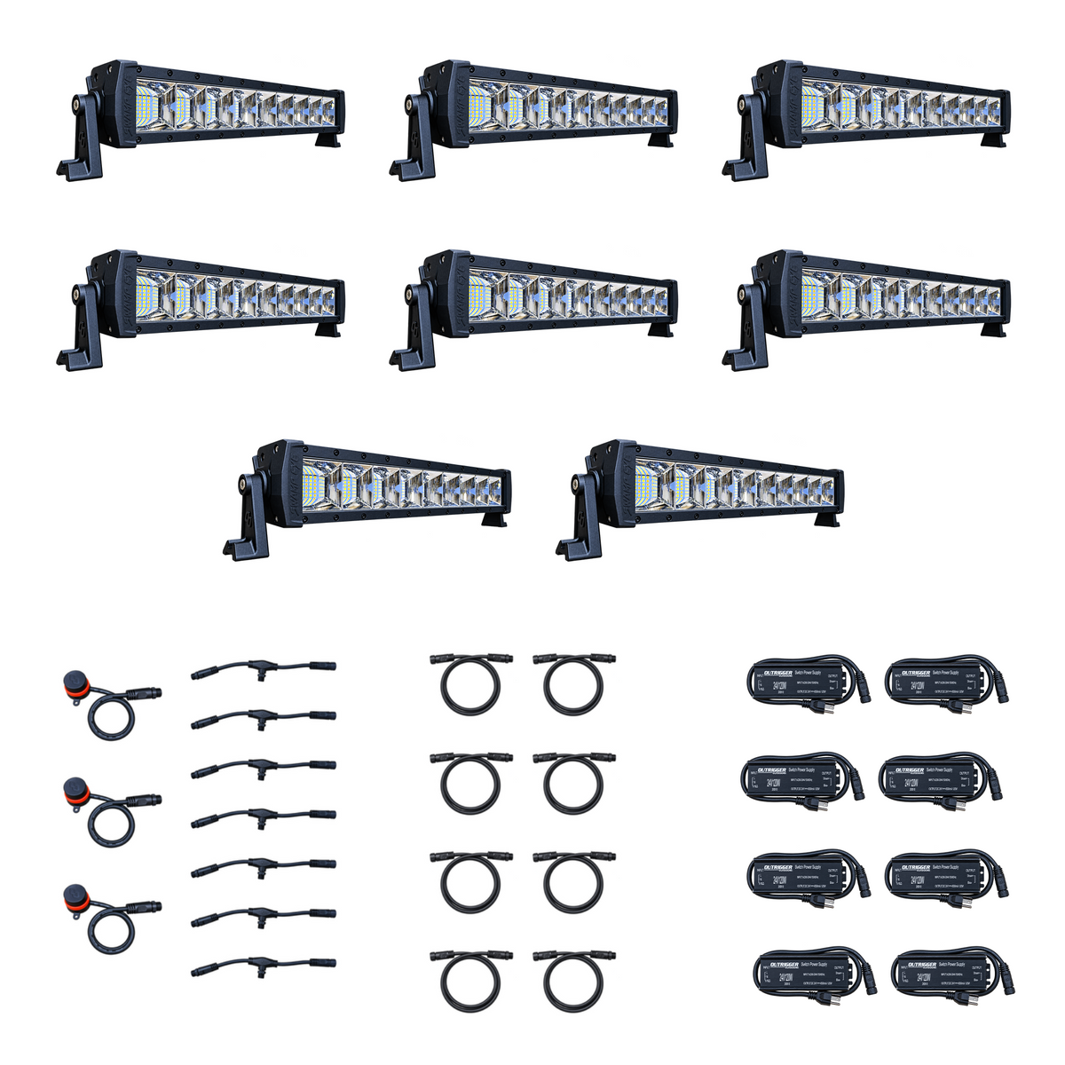 Swamp Eye Gen 2.X 8-Light LED Bowfishing Generator Kit with light bars, control dials, wiring harnesses, and power converters