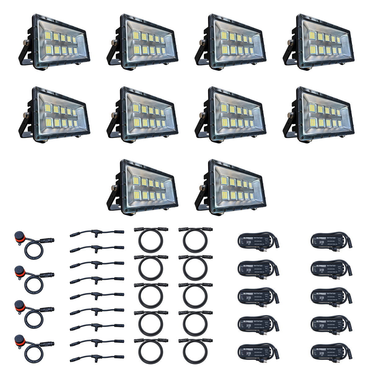 Swamp Eye HD 10-Light LED Bowfishing Light Kit with 10 160W bowfishing lights, control dials, wiring harnesses and power supplies