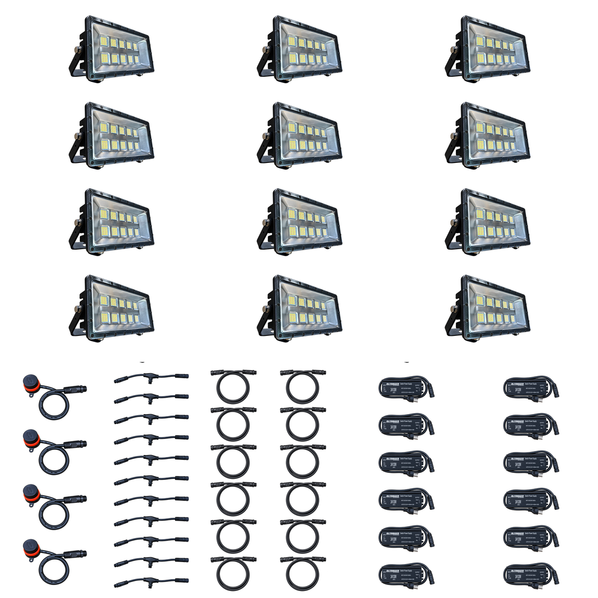 Swamp Eye HD 12-Light LED Bowfishing Light Kit with 12 160W bowfishing lights, control dials, wiring harnesses and power supplies