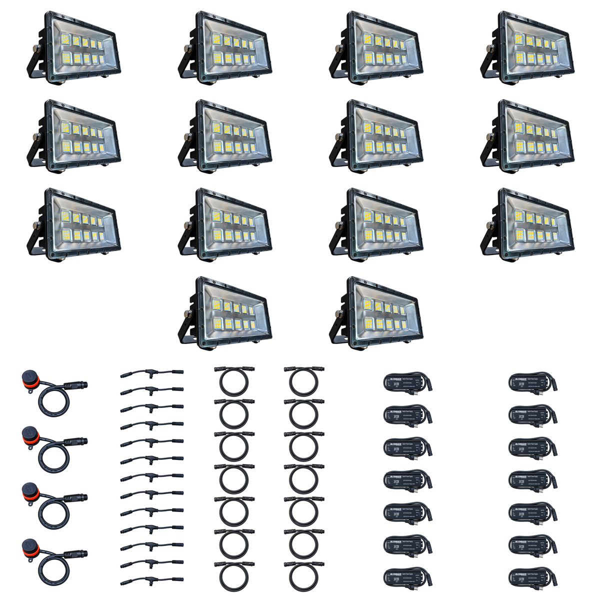 Swamp Eye HD 14-Light LED Bowfishing Light Kit with 14 160W bowfishing lights, control dials, wiring harnesses and power supplies