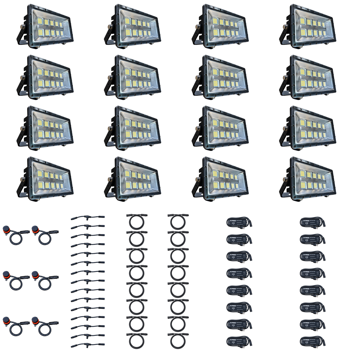 Swamp Eye HD 16-Light LED Bowfishing Light Kit with 16 160W bowfishing lights, control dials, wiring harnesses and power supplies