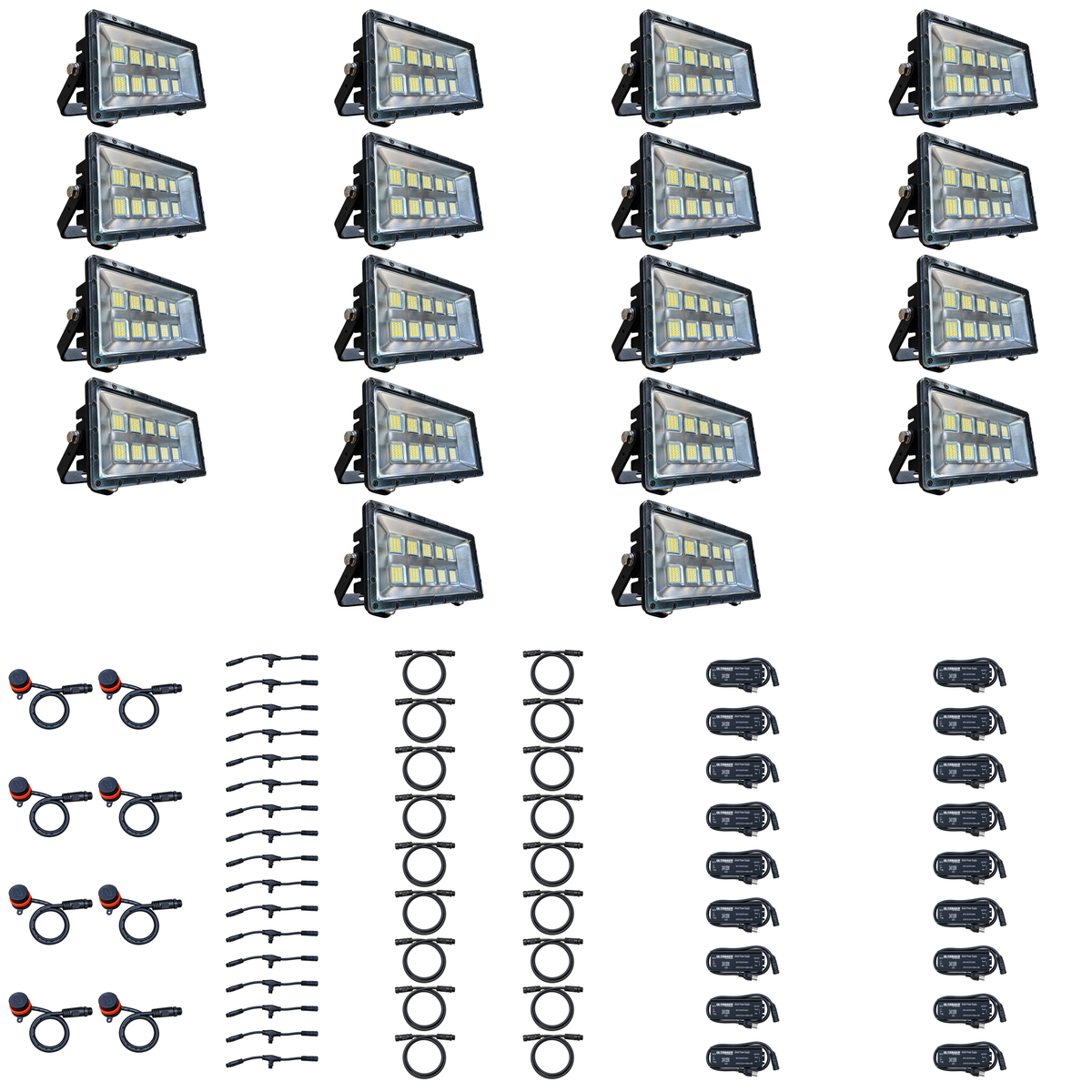 Swamp Eye HD 18-Light LED Bowfishing Light Kit with 18 160W bowfishing lights, control dials, wiring harnesses and power supplies