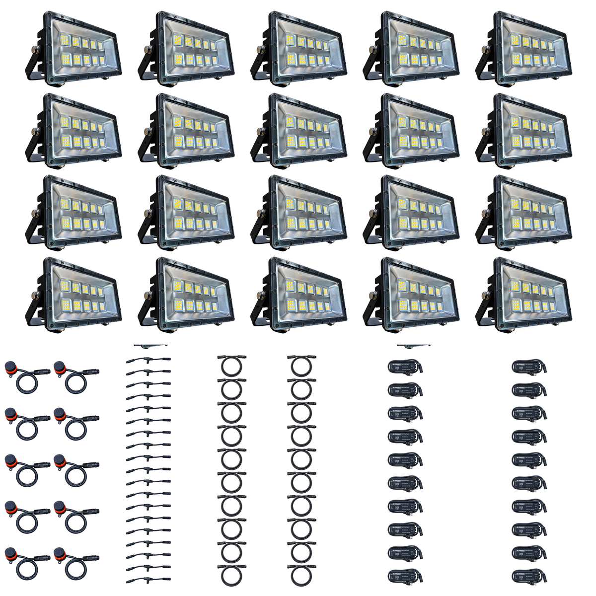 Swamp Eye HD 20-Light LED Bowfishing Light Kit with 20 160W bowfishing lights, control dials, wiring harnesses and power supplies