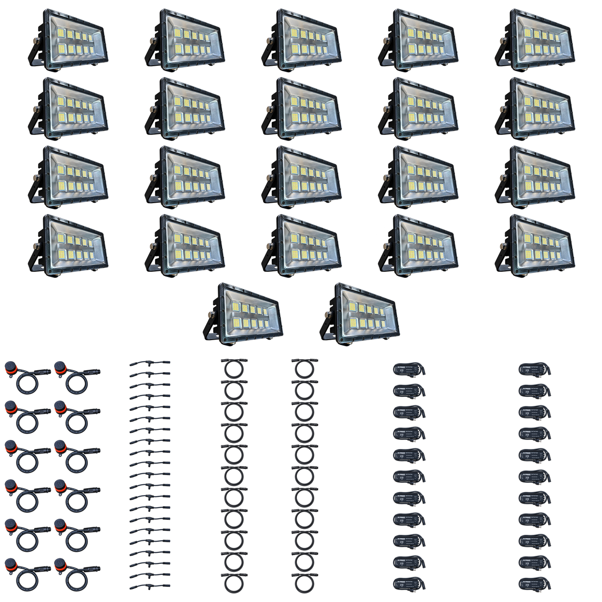 Swamp Eye HD 22-Light LED Bowfishing Light Kit with 22 160W bowfishing lights, control dials, wiring harnesses and power supplies