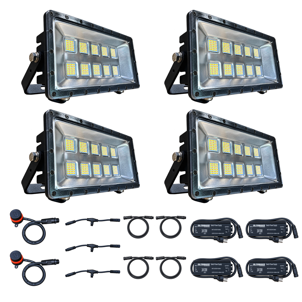 Swamp Eye HD 4-Light LED Bowfishing Light Kit with 4 160W bowfishing lights, control dials, wiring harnesses and power supplies