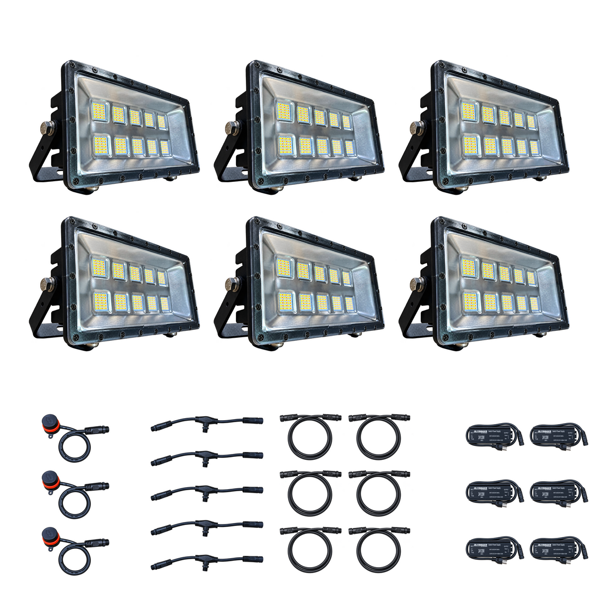 Swamp Eye HD 6-Light LED Bowfishing Light Kit with 6 160W bowfishing lights, control dials, wiring harnesses and power supplies