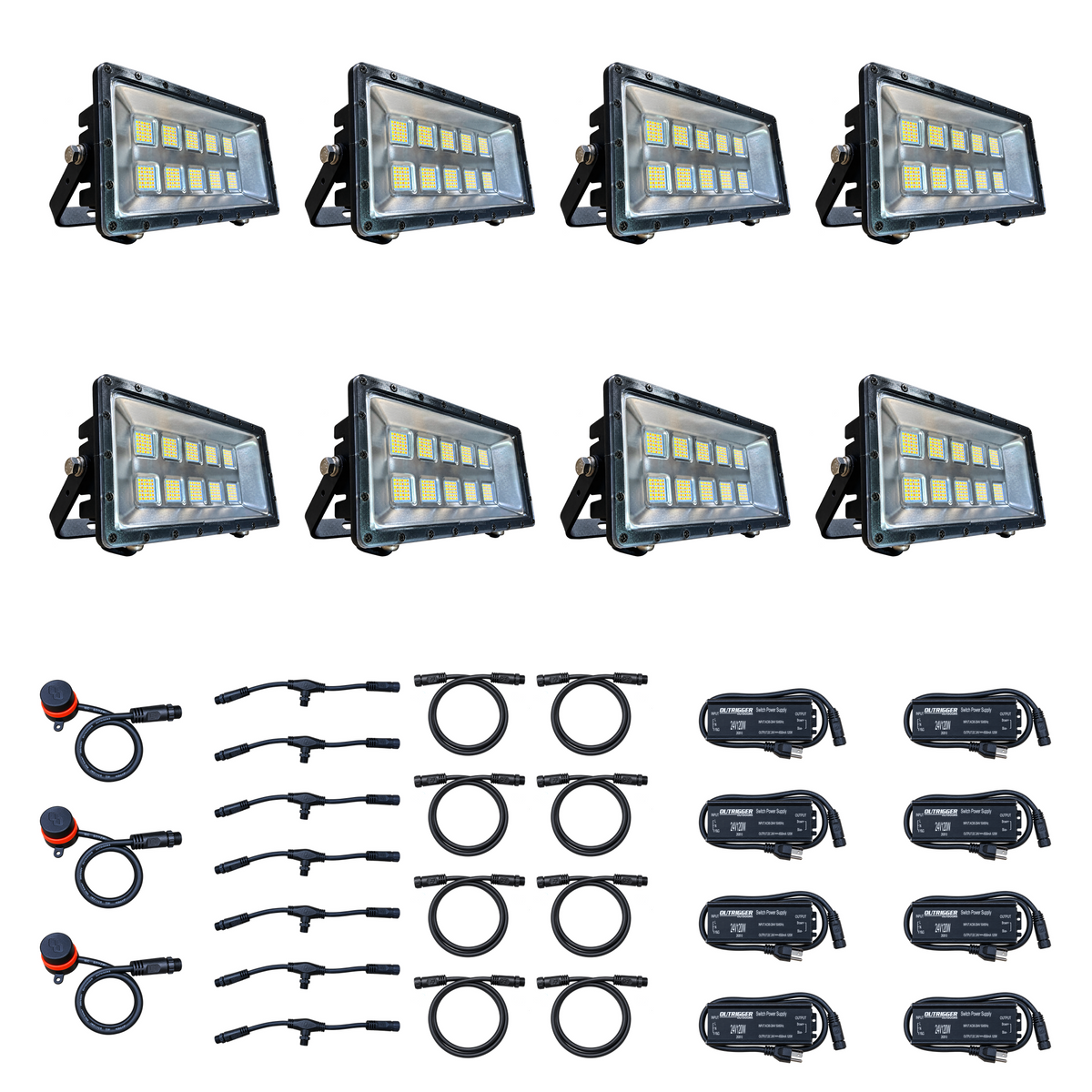 Swamp Eye HD 8-Light LED Bowfishing Light Kit with 8 160W bowfishing lights, control dials, wiring harnesses and power supplies