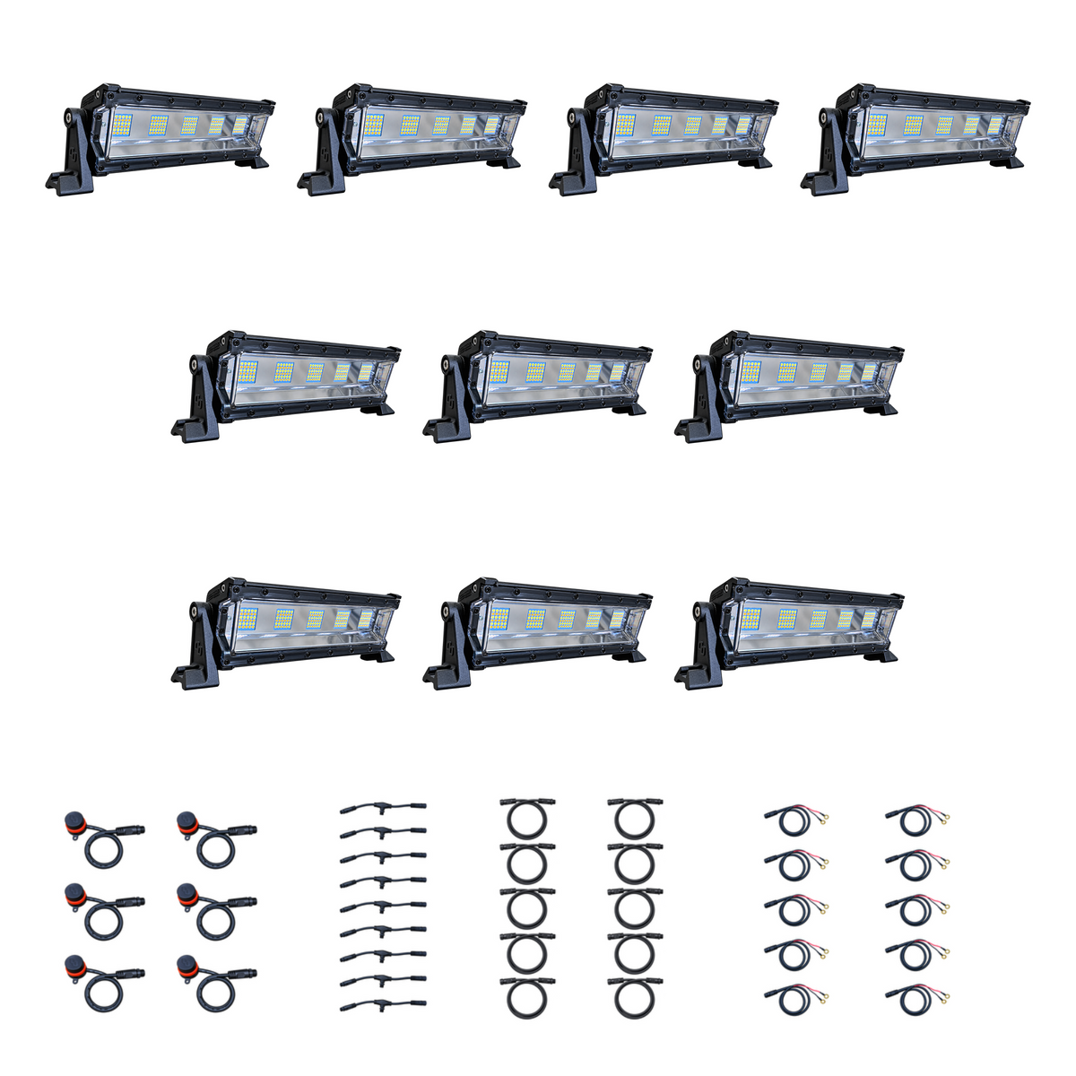 Swamp Eye Silent Series 10-Light LED Bowfishing Battery Kit with 10 lights, control dials, wiring harnesses, and battery leads