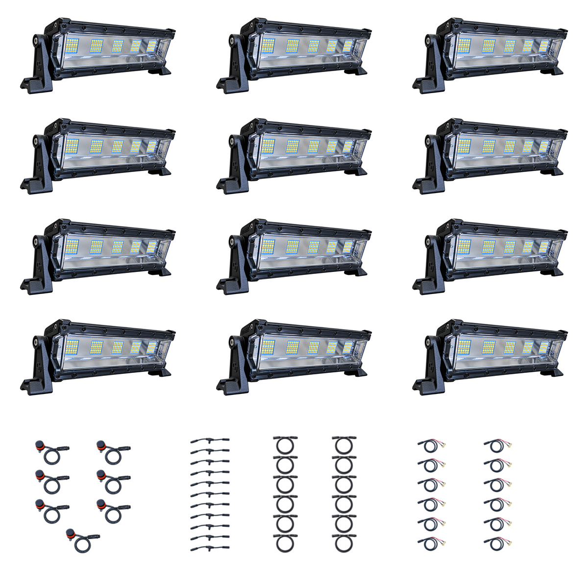 Swamp Eye Silent Series 12-Light LED Bowfishing Battery Kit with 12 lights, control dials, wiring harnesses, and battery leads