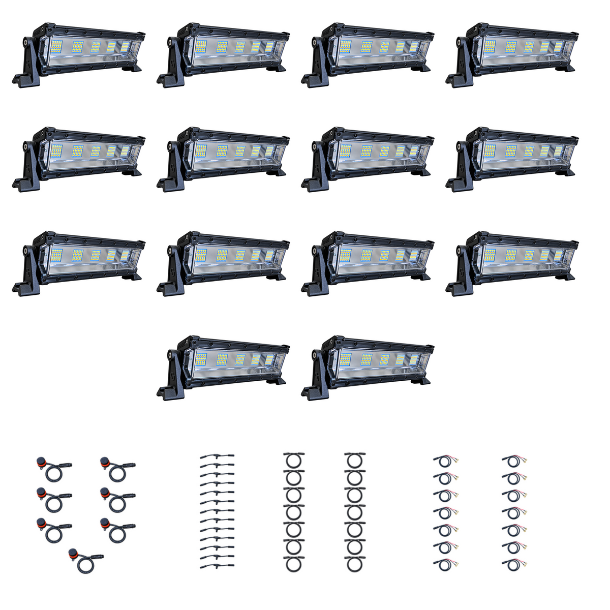 Swamp Eye Silent Series 14-Light LED Bowfishing Battery Kit with 14 lights, control dials, wiring harnesses, and battery leads