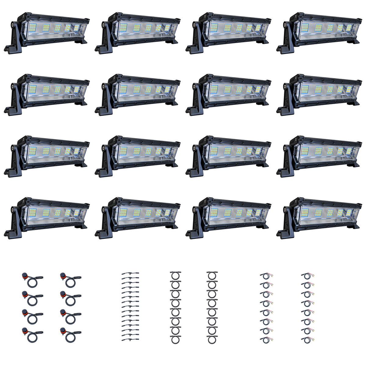 Swamp Eye Silent Series 16-Light LED Bowfishing Battery Kit with 16 lights, control dials, wiring harnesses, and battery leads