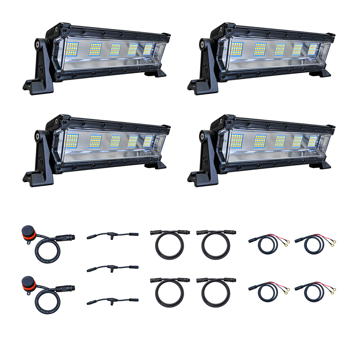Swamp Eye Silent Series 4-Light LED Bowfishing Battery Kit with 4 lights, control dials, wiring harnesses, and battery leads
