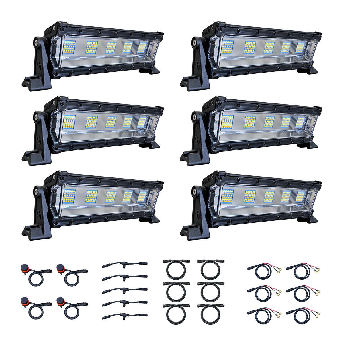 Swamp Eye Silent Series 6-Light LED Bowfishing Battery Kit with 6 lights, control dials, wiring harnesses, and battery leads