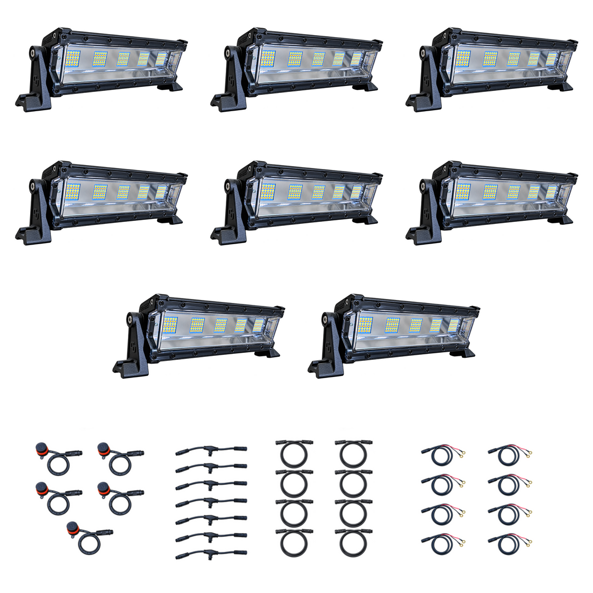 Swamp Eye Silent Series 8-Light LED Bowfishing Battery Kit with 8 lights, control dials, wiring harnesses, and battery leads